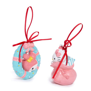 Hello Kitty and My Melody 2-pc Holiday Ceramic Ornament Set (Pastel Pink) Seasonal Blue Sky Clayworks