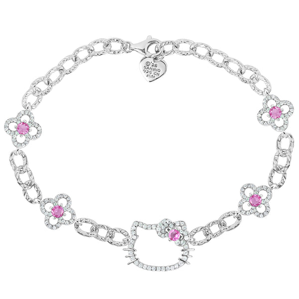 Hello Kitty Quatrefoil Sterling Silver Bracelet (Pink & White Sapphire