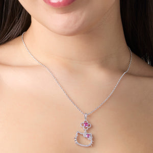 Hello Kitty 18" Quatrefoil Sterling Silver Pendant Necklace (Pink & White Sapphire) Jewelry JACMEL JEWELRY INC