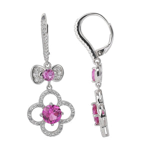 Hello Kitty Quatrefoil Sterling Silver Drop Earrings (Pink & White Sapphire) Jewelry JACMEL JEWELRY INC