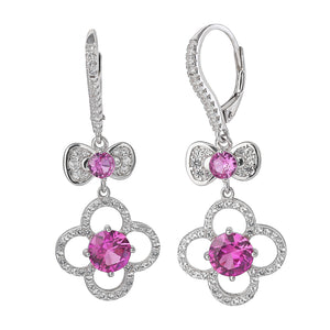 Hello Kitty Quatrefoil Sterling Silver Drop Earrings (Pink & White Sapphire) Jewelry JACMEL JEWELRY INC