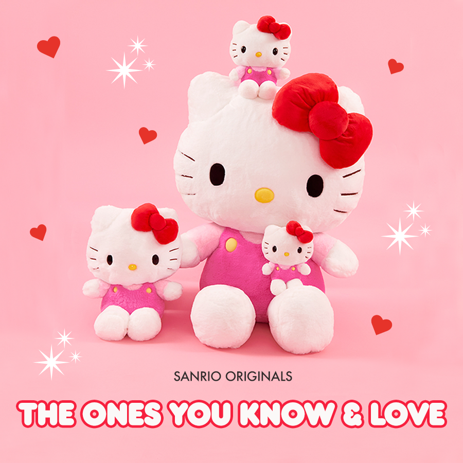 Hello Kitty plush toy family on a pink background with hearts and stars, featuring Sanrio Originals branding.