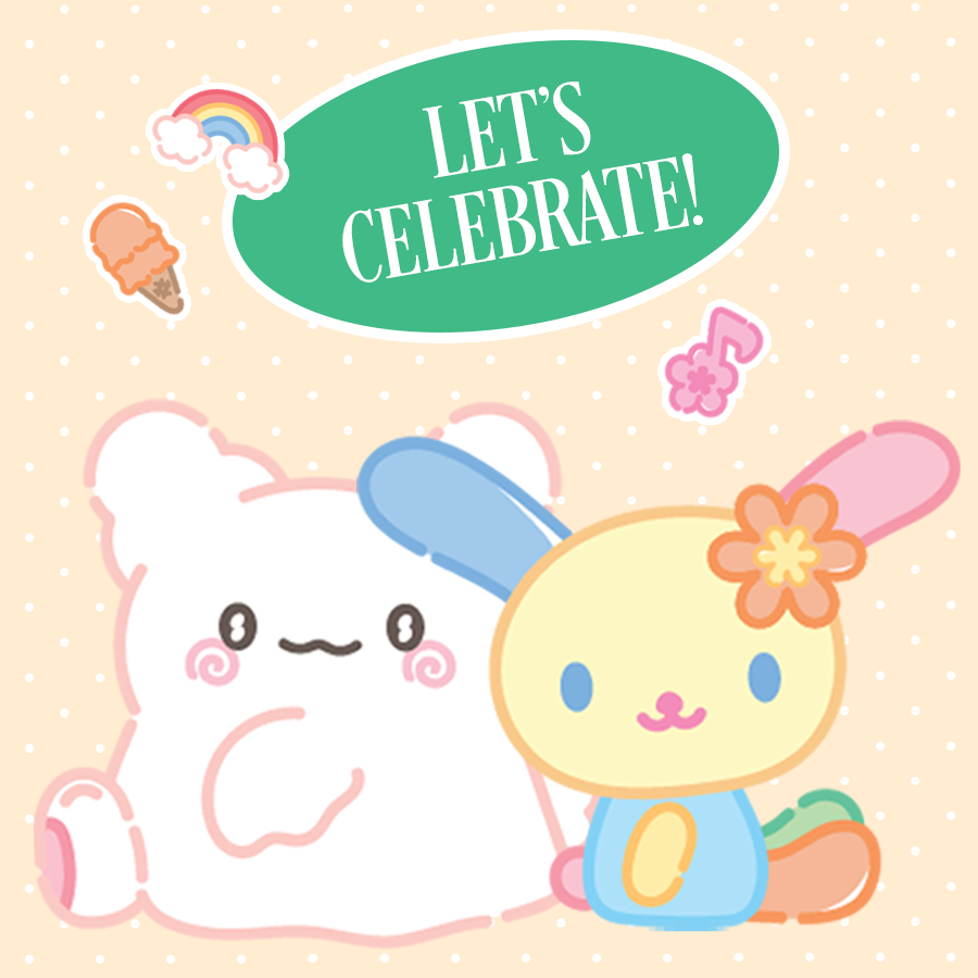 Cute artwork under a green speech bubble that says “LET’S CELEBRATE!” on a pale beige polka-dot background. Small decorative icons including a rainbow, ice cream cone, and music note appear around them.