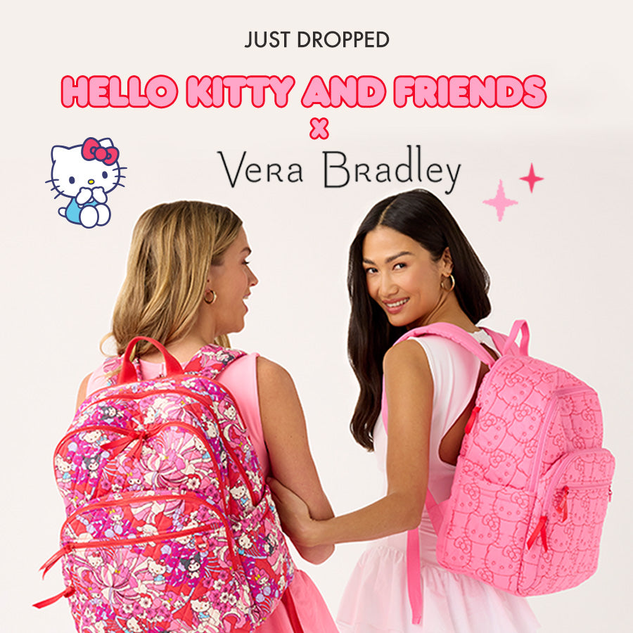 Hello Kitty and Friends x Vera Bradley Collection featuring two models with matching backpacks. 