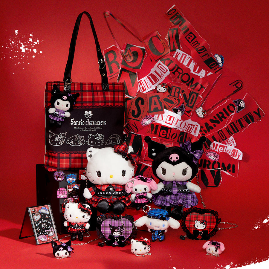 Collection of Hello Kitty and Friends Rock n' Check merchandise on a red background.