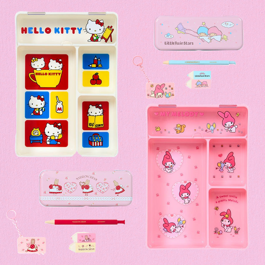 Sanrio-themed stationery items on a pink background