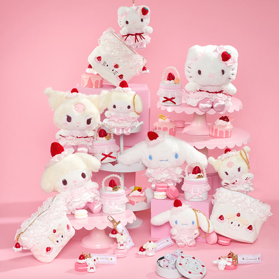 Collection of Hello Kitty and Friends plush toys and accessories on a pink background.
