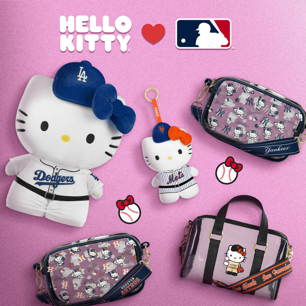 Hello Kitty-themed MLB merchandise on a pink background