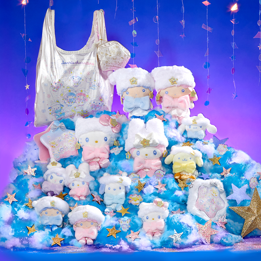 Collection of plush toys with decorative elements on a blue and purple background
