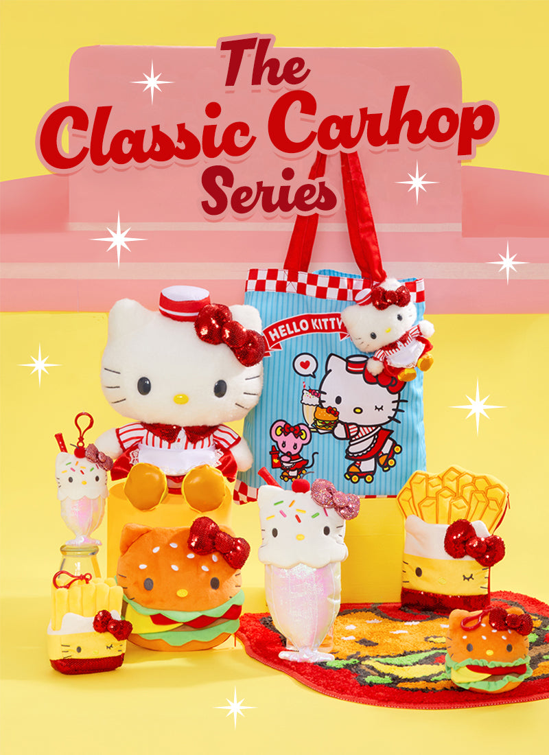Hello Kitty carhop-themed products with a yellow background and 'The Classic Carhop Series' text.