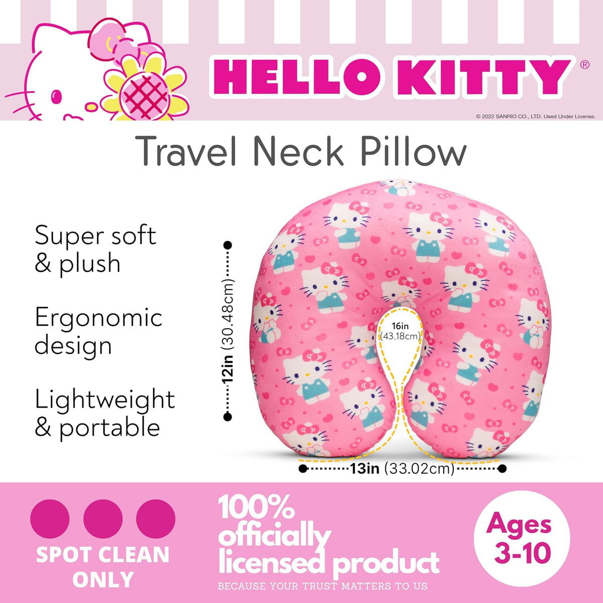 Hello Kitty Travel Neck Pillow (Bows & Hearts) Travel Franco Manufacturing Co Inc