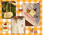 A collage-style promotional image for a Pompompurin-themed fashion line. It features a cream and white gingham handbag held by a hand in a green setting, a close-up of a cream and white gingham scarf with a Pompompurin illustration and 'POMPOMPURIN' text, a model wearing a cream and white gingham top with a Pompompurin patch, and cartoon illustrations on a yellow and white checkered background.