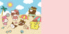 A colorful cartoon beach scene featuring Hello Kitty and Friends characters playing on a sandy beach with umbrellas, a palm tree, seashells, and a blue sky.