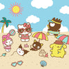 A colorful cartoon beach scene featuring Hello Kitty and Friends characters playing on a sandy beach with umbrellas, a palm tree, seashells, and a blue sky.
