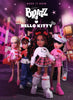 Four Bratz dolls styled in Hello Kitty-inspired outfits standing in a neon-lit city street scene. The center doll wears a white sweater and plaid skirt, while the others wear pink and red themed outfits.