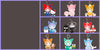 A grid of nine cartoon character keychain bags on a dark gray background with a purple grid border. The characters include Hello Kitty, My Melody, Kuromi, Pompompurin, and other Sanrio-style figures in different colorways.