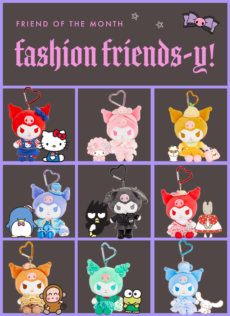 A promotional grid showing nine Sanrio character plush keychains arranged in a 3x3 layout on a dark brown background with purple borders. The top text reads 'FRIEND OF THE MONTH fashion friends-y!'.