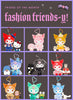 A promotional grid showing nine Sanrio character plush keychains arranged in a 3x3 layout on a dark brown background with purple borders. The top text reads 'FRIEND OF THE MONTH fashion friends-y!'.
