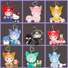 A 3x3 grid showing nine different Sanrio character plush keychains with metal heart-shaped clips, set against a dark gray background with purple grid lines.