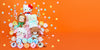 A collection of cute plush toys and pastel round keychains arranged on an orange background with scattered star confetti. The set includes Hello Kitty, a monkey doll, a bunny doll, a bear doll, and multiple pastel keychains in pink, blue, yellow, and white.