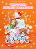 A promotional collage on a bright orange background with pastel star confetti and the text 'NEW AND OH-SO CUTE WHO'S YOUR FAVORITE CHARACTER?'. Multiple Hello Kitty plush toys and round Hello Kitty keychain accessories are arranged together, including a white cat plush with a red bow, a monkey plush with a green bow, a white bunny plush, a brown rabbit plush, and many pastel oval keychain cases with character faces.