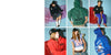 A collage of six fashion photos showing models wearing hoodies and sweatshirts in different colors and styles, including black, green, red, blue, and pink, set against a light blue background.