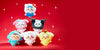 Six cute plush character toys arranged in a pyramid on a red studio background with small white star graphics. The characters wear colorful outfits in blue, pink, black, white, and yellow.