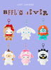 Six plush character keychains arranged in a 2x3 grid on a light lavender background, with stylized text at the top reading 'JUST LANDED' and 'BFFL'S 4 EVER'. The characters include Hello Kitty in a teddy bear outfit, a white bunny with blue eyes, a teal creature with orange hair, a cream sheep, a pink character in a pink outfit, and a white creature with a black-and-white face.