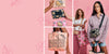 A pink-themed collage showing multiple Hello Kitty tote bags and a crossbody bag, including close-up product shots and models wearing them. The bags feature Hello Kitty graphics, floral patterns, and text such as 'HAWAII KAWAII'.
