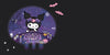 Kuromi with a pink bow sitting at a table with candles, cards, and Halloween decorations inside a glowing purple circular spotlight effect, with two pink bats flying above on a dark background.