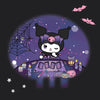 Kuromi sits behind a table with tarot cards, candles, pumpkins, and bats against a dark purple Halloween background.