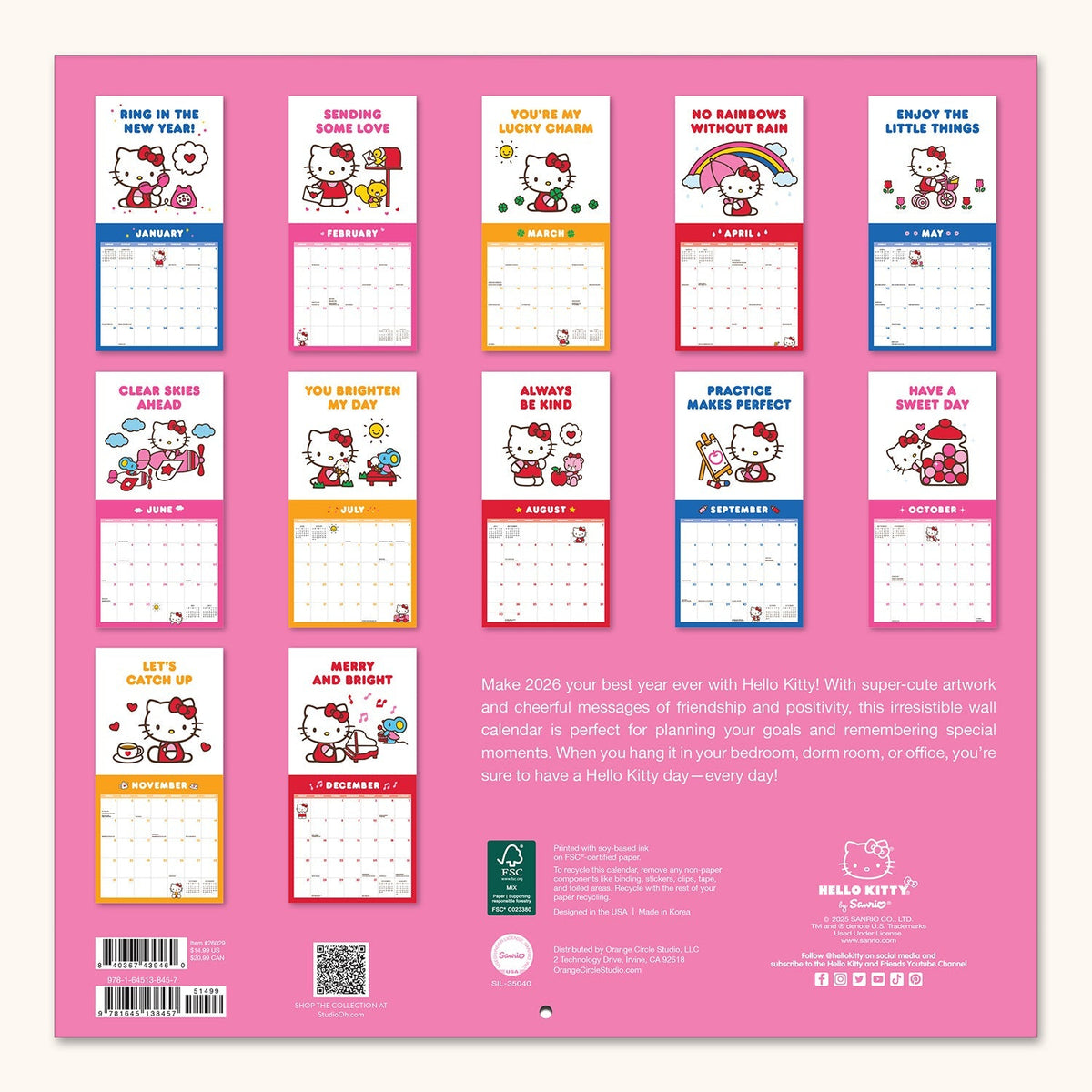 Hello Kitty x Studio Oh! 2026 Playful Pink Wall Calendar Stationery Studio Oh!
