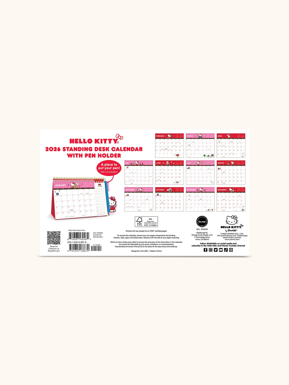 Hello Kitty x Studio Oh! 2026 Standing Desk Easel Calendar with Pen Holder