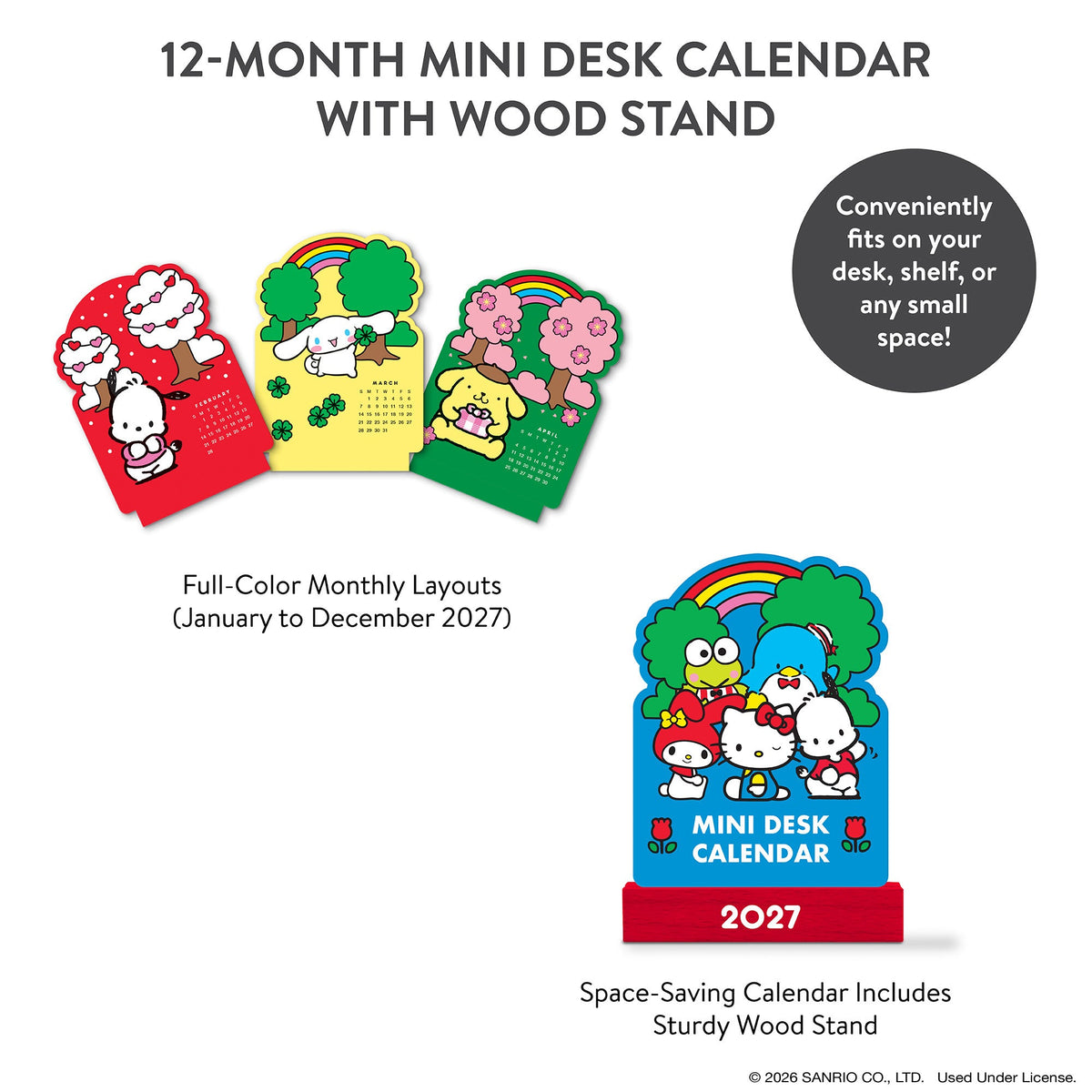 Hello Kitty and Friends 2027 Retro Mini Desk Calendar with Wood Stand