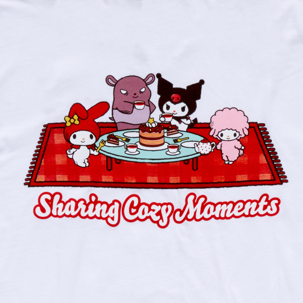 Kuromi Adult Sharing Cozy Moments Tee (White) Apparel Mad Engine Global LLC