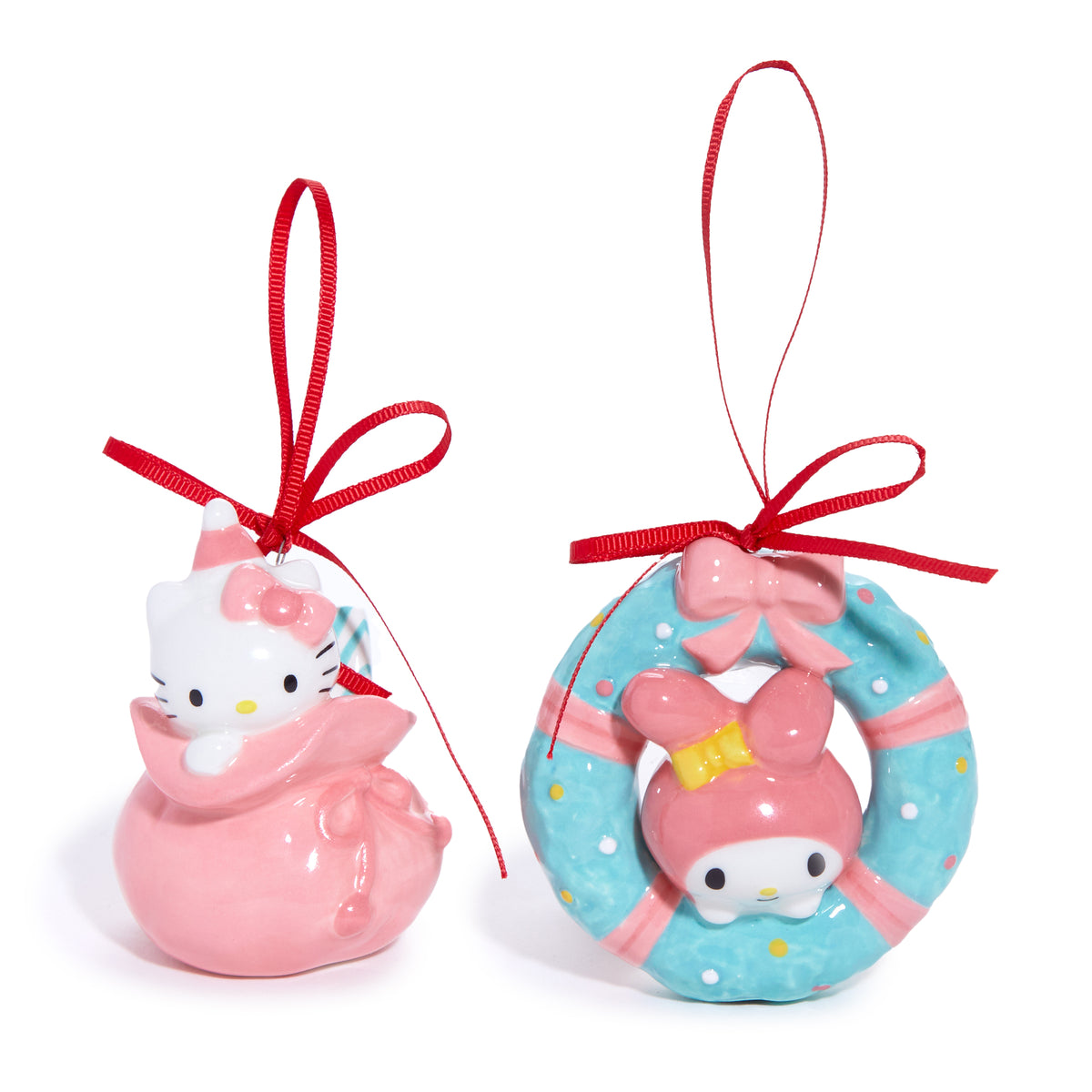 Hello Kitty and My Melody 2-pc Holiday Ceramic Ornament Set (Pastel Pink) Seasonal Blue Sky Clayworks