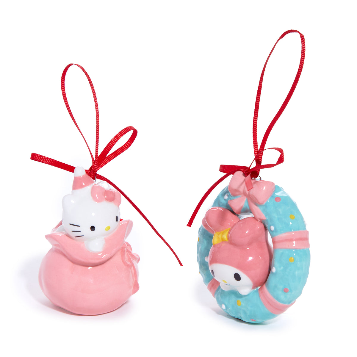 Hello Kitty and My Melody 2-pc Holiday Ceramic Ornament Set (Pastel Pink) Seasonal Blue Sky Clayworks