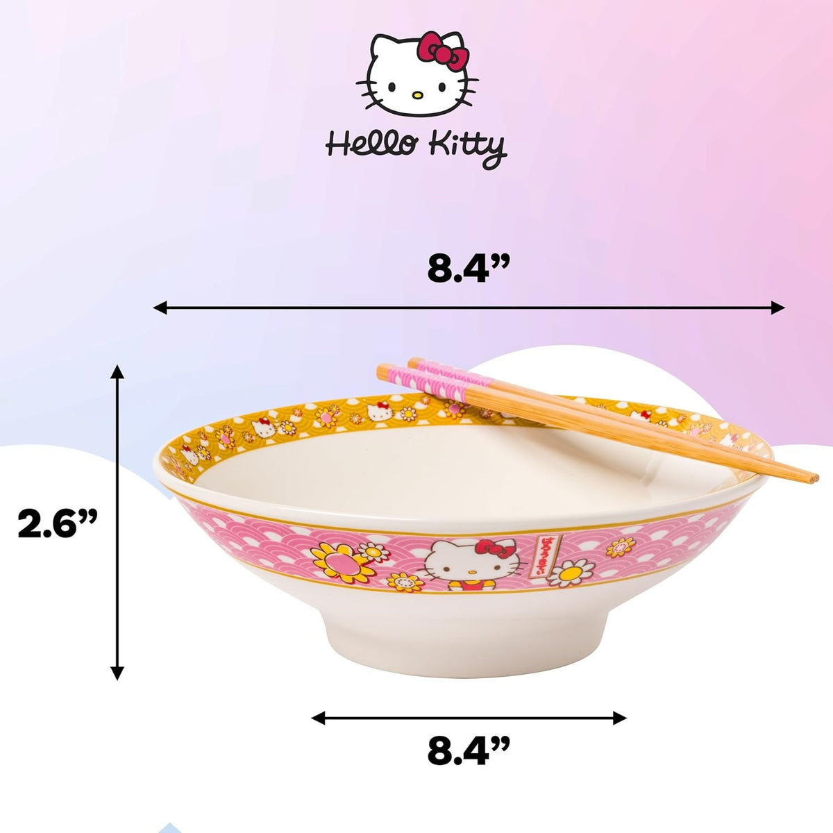 Hello Kitty Ceramic Noodle Bowl and Chopstick Set (Golden Flowers) Home Goods Silver Buffalo