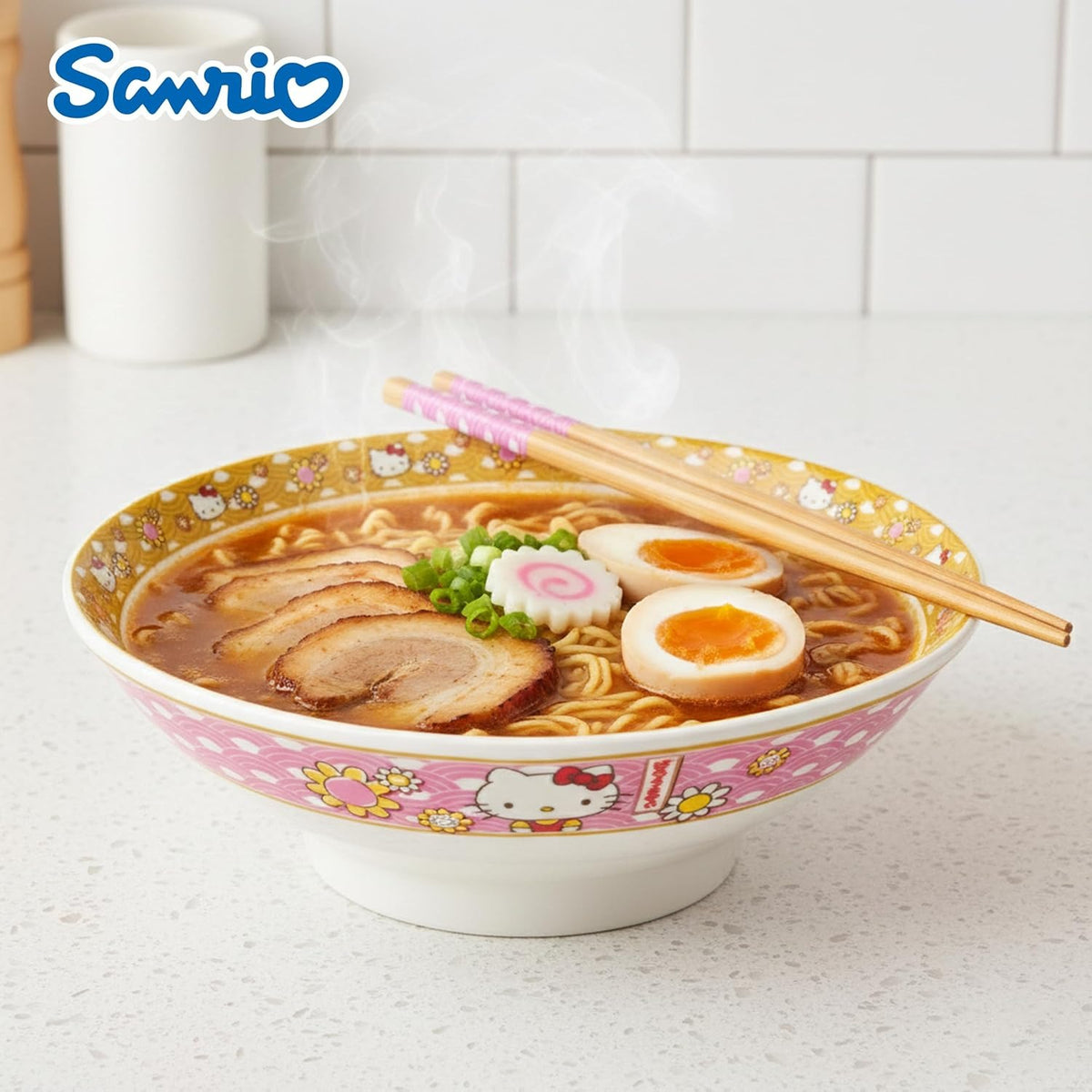 Hello Kitty Ceramic Noodle Bowl and Chopstick Set (Golden Flowers) Home Goods Silver Buffalo