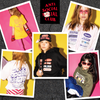A collage of five fashion photos against an asphalt background, featuring a model wearing graphic T-shirts, hoodies, shorts, and pink sunglasses. 