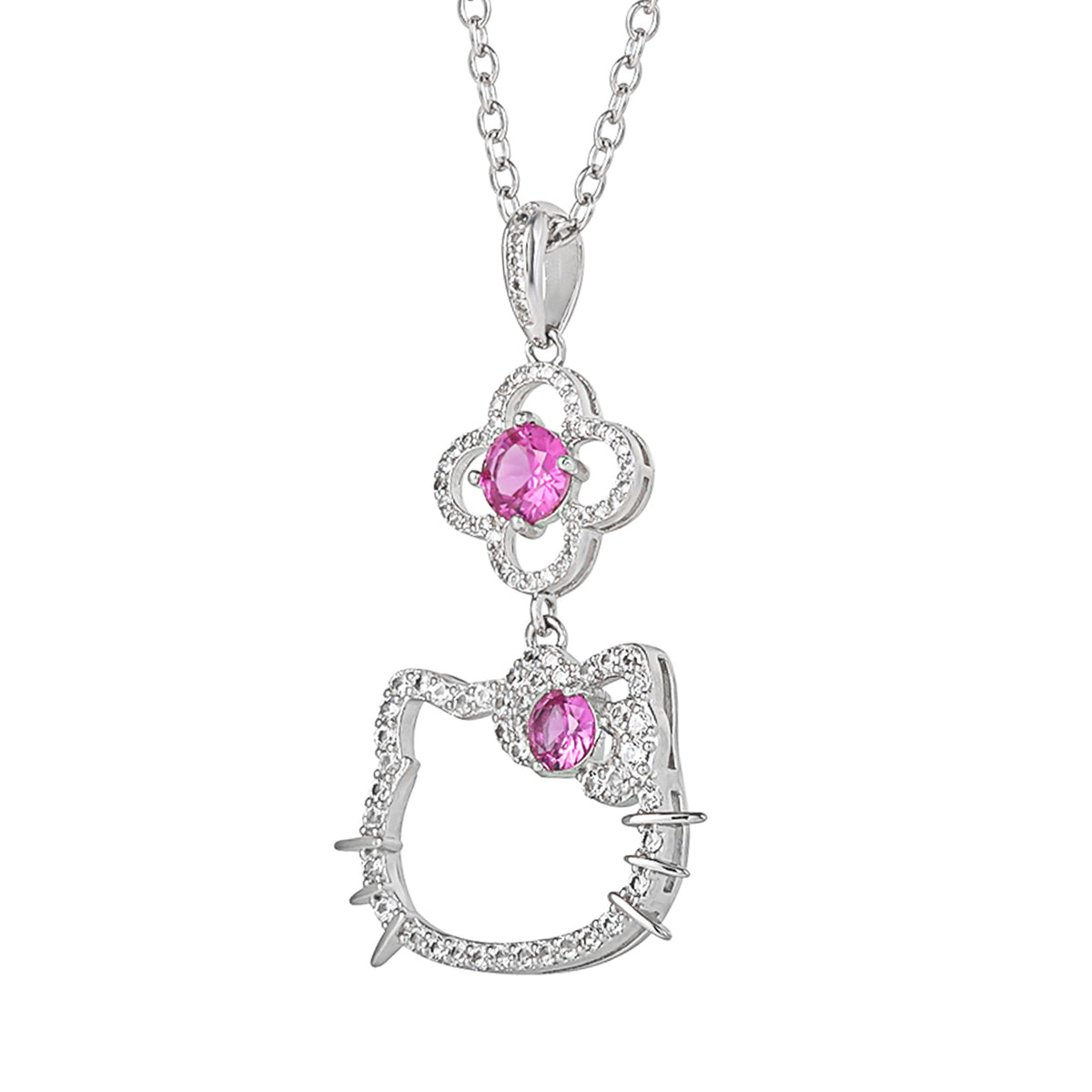 Hello Kitty 18" Quatrefoil Sterling Silver Pendant Necklace (Pink & White Sapphire) Jewelry JACMEL JEWELRY INC