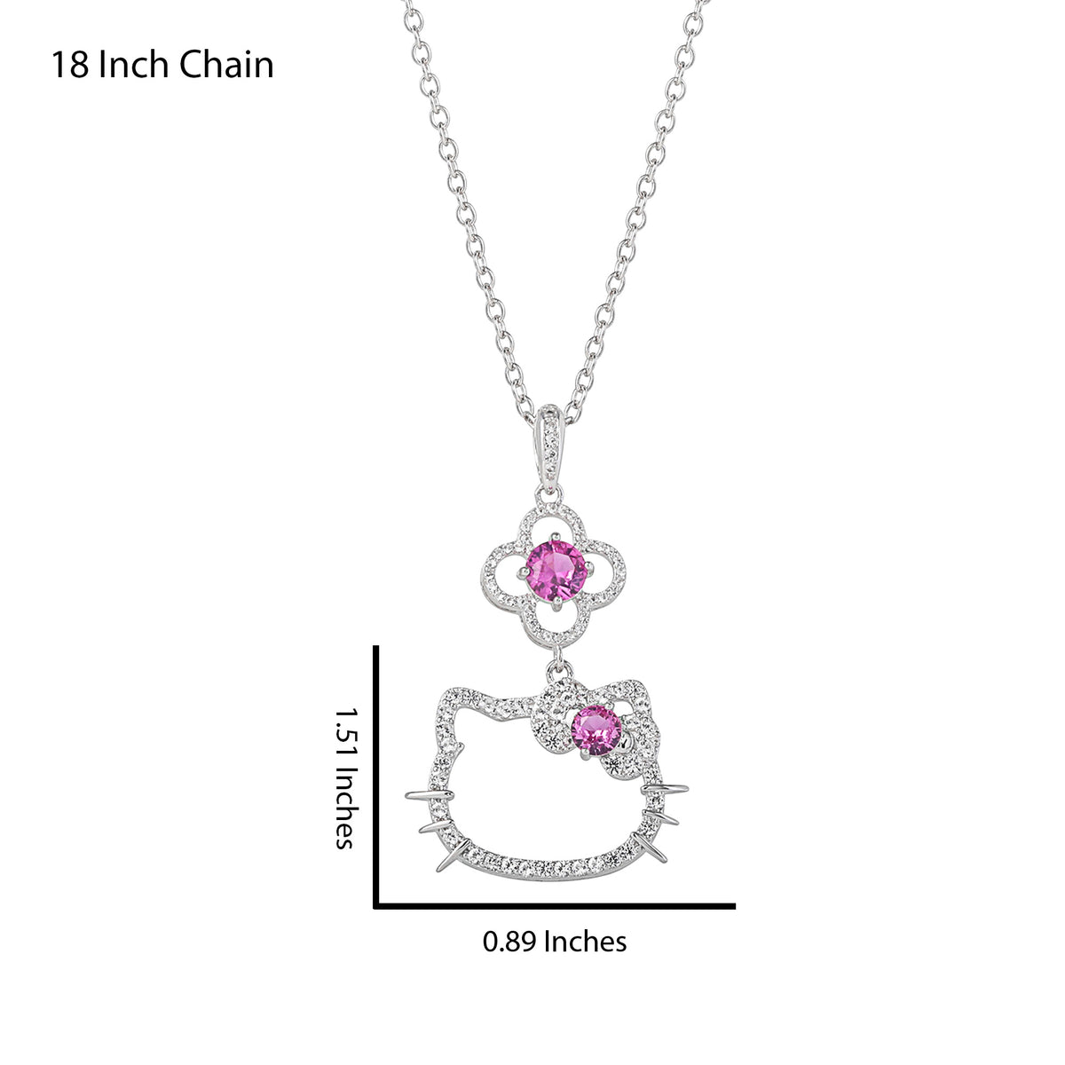 Hello Kitty 18" Quatrefoil Sterling Silver Pendant Necklace (Pink & White Sapphire) Jewelry JACMEL JEWELRY INC
