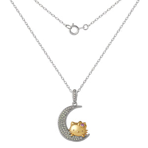 Hello Kitty Two-Tone Gold Plated Over The Moon Necklace (Pink & White Sapphire) Jewelry JACMEL JEWELRY INC