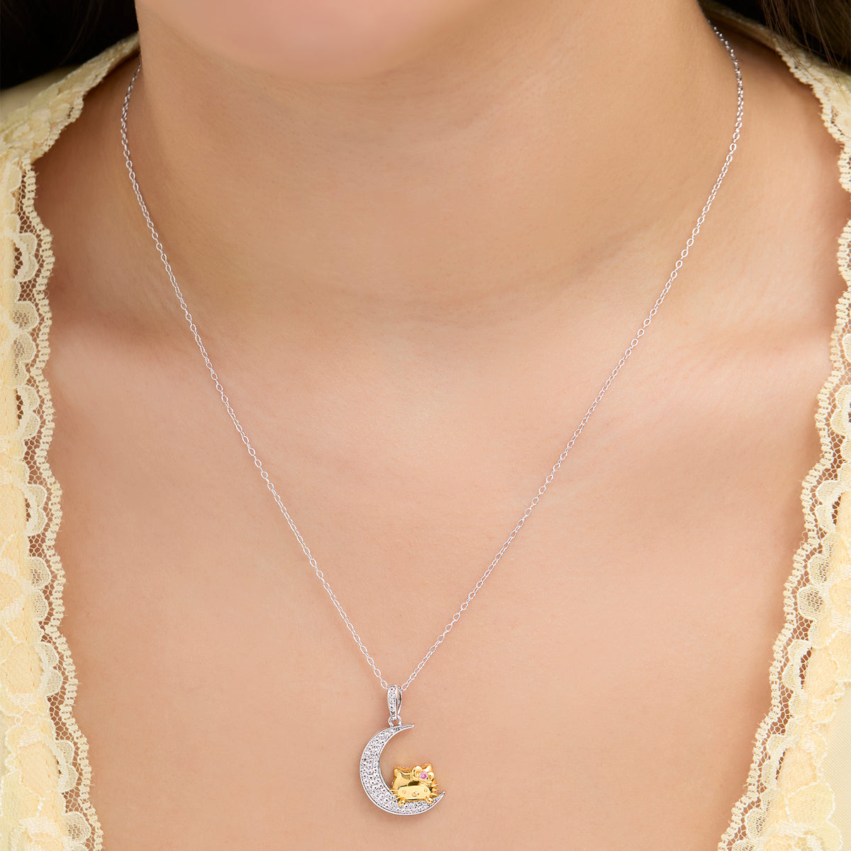 Hello Kitty Two-Tone Gold Plated Over The Moon Necklace (Pink & White Sapphire) Jewelry JACMEL JEWELRY INC