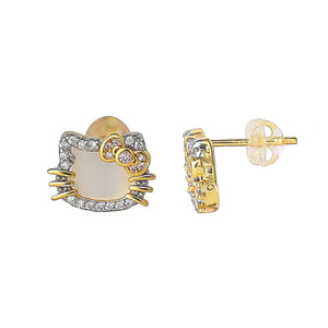 Hello Kitty Two-Tone Gold Plated Stud Earrings (Diamond & Mother of Pearl) Jewelry JACMEL JEWELRY INC