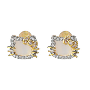 Hello Kitty Two-Tone Gold Plated Stud Earrings (Diamond & Mother of Pearl) Jewelry JACMEL JEWELRY INC