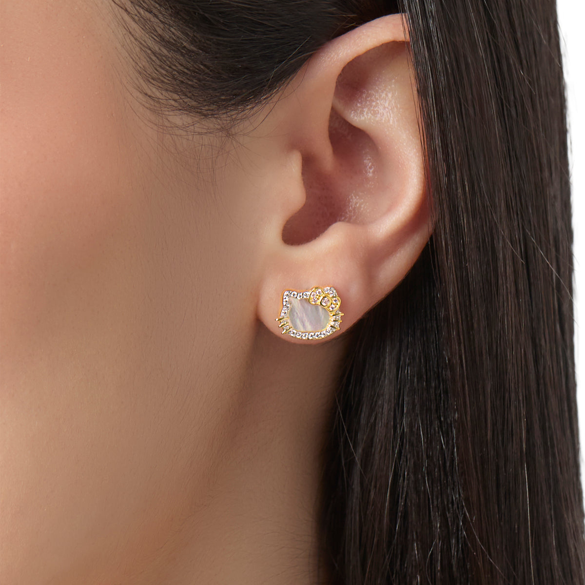 Hello Kitty Two-Tone Gold Plated Stud Earrings (Diamond & Mother of Pearl)