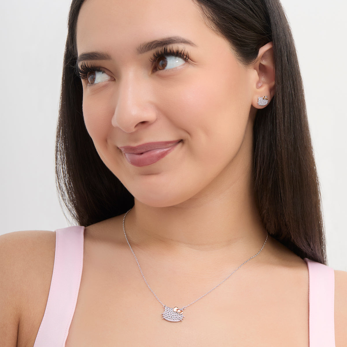 Hello Kitty 18" Two-Tone Gold Plated Pavé Necklace (White Sapphire) Jewelry JACMEL JEWELRY INC