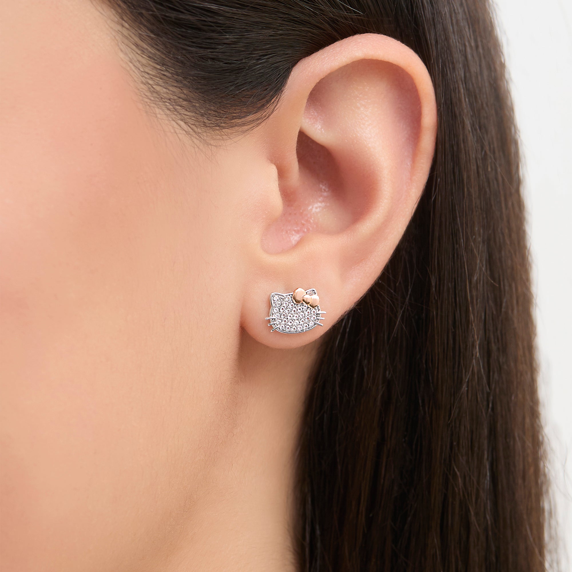 Hello Kitty Two-Tone Gold Plated Stud Earrings (White Sapphire) Jewelry JACMEL JEWELRY INC