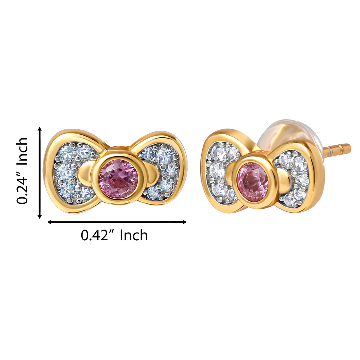 Hello Kitty Two-Tone Gold Plated Bow Stud Earrings (Pink & White Sapphire) Jewelry JACMEL JEWELRY INC